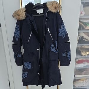 3.1 Phillip Lim Dark Blue Utility Jacket with Fur/velvet Trim and Floral Details